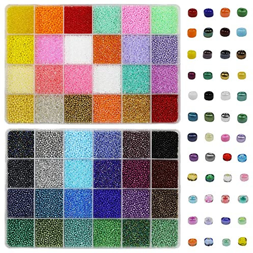 Tibaoffy Lot de perles en verre de taille 12/0 de 2 mm - Petites perles poney assorties avec boîte de rangement pour la fabrication de bijoux (48 lots multicolores, environ 48 000 pièces au total)