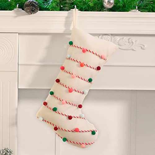 Hopearl Pom Pom Christmas Stocking Boho Style Socks Ultra Soft Holders Ornament Luxury Gifts Bags for Family Xmas Tree Party Supplies, Cream, 18''