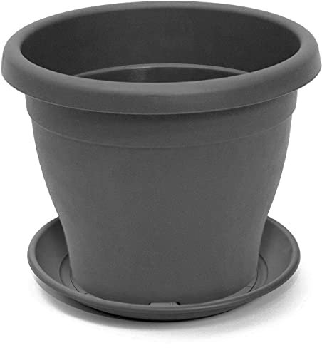 Acan Tradineur - Maceta con Plato Tipo mediterránea, 40 cm de diámetro, Ideal Tanto para Interior como Exterior. Jardinera Alta con Agujeros para drenar Agua, Color Gris