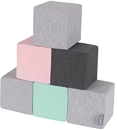 KiddyMoon skumkub för baby mjuka block 6 stycken skumleksaker Montessori-leksaker med skum och ha kul för barn, tillverkad i EU, block: Ljusgrå-mörkgrå rosa mint