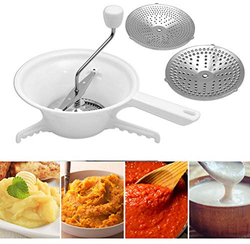 Passaverdure Manuale Plastica, Passa Verdure, 33,5 × 11,5 Cm, Passapomodoro Manuale, con 3 Dischi Intercambiabili per Fine, Medio e Grosso, per Marmellate, Puree di Verdure, Frutta, Patate e Aglio