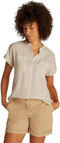 Tommy Hilfiger Blusa Mujer Linen Collarless de Manga Corta, Multicolor (Classic Ithaca/Sandalwood), 38