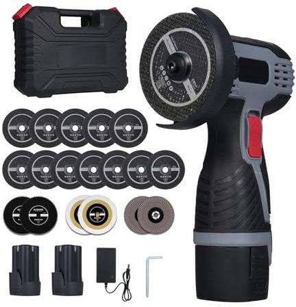 Amoladora angular sin escobillas Vislone de 17 000 RPM, inalámbrica, miniamoladora angular eléctrica con batería de 16,8 V y 2 x 2000 mAh y cuchilla para cortar azulejos pulidos, madera y piedra.
