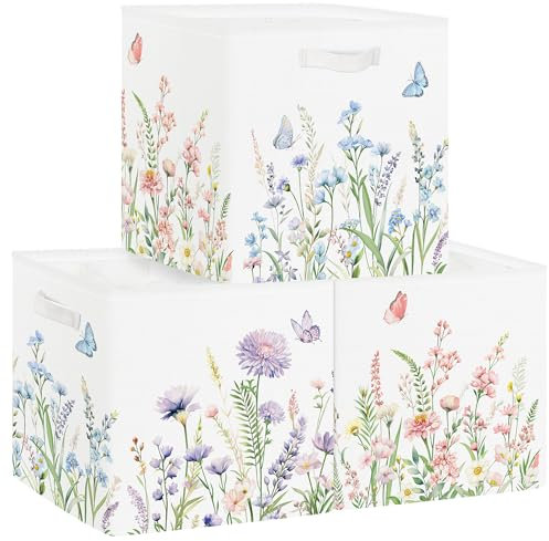 HUUMONSS 11.8 Wild Flower Storage Cube Organizer Set 3Pcs Clothes Storage Basket Bin for Closet Shelf Garden Butterfly Nursery Kid Room Book Toy Chest, Plant Bush
