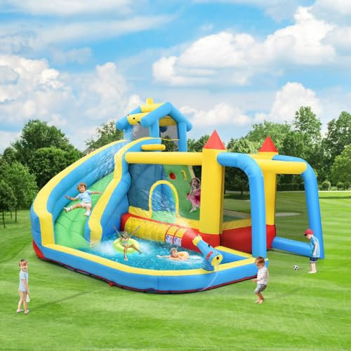 Château Gonflable pour Enfants, château Gonflable 5 en 1 pour Enfants de 3 à 10 Ans, château Gonflable d'extérieur avec Toboggan, Zone de Saut, Piscine d'eau, Filet de Football