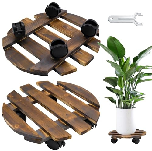 Plataforma con Ruedas Redonda Base con Rueda 30 x 30 x 8 cm Base de Jardinera de Madera con Ruedas Giratorias con Bloqueo Soporte para plantas Interiores Exteriores, Capacidad de Carga de 60 kg