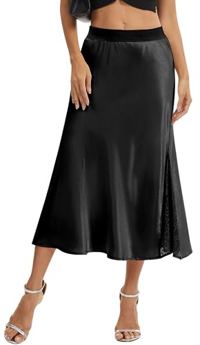 DGSHIRLDJO Jupe en Satin pour Femme Jupe élégante Coupe A, Taille Haute Jupe Longue Soyeuse pour Mariage, soirée, Travail (FR/ES, Alpha/Lettres, L, Taille Normale, Taille Normale, Noir)