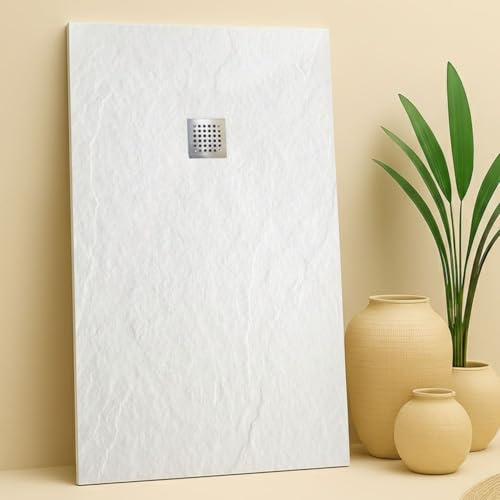 SOULBATH Plato de Ducha de Resina-Fibra Irrompible y Ultraligero - Textura Pizarra - BLANCO - 190x90- Extraplano - Incluye Válvula desagüe y Rejilla