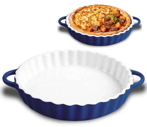 LUPATDY Keramisk ugnsform 25,5 x 4 cm, rund bakform, keramiska bakformar med handtag för paj, quiche, tartes, pizza, bakformar rund för varmluftsfritös, ugn, mikrovågsugn blå