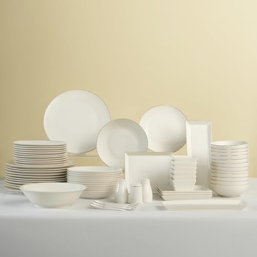 Karaca Donatella - Set di piatti in porcellana fine, 70 pezzi, per 12 persone, con ciotole per pasta, piatti da dessert, ciotole grandi e cucchiai in porcellana, colore: oro e bianco