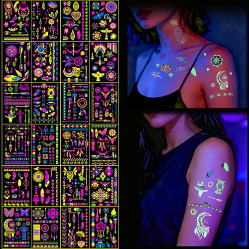 Xmasir Glow in the Dark Tattoos, 398 Pcs Temporary Tattoos Stickers | Neon UV Blacklight Reactive Face Fake Tattoos, Men and Women Body Paint Party Favors