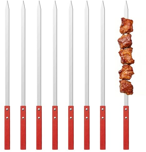 8 spiedi per barbecue in acciaio inox, 42 cm, spiedini piatti in acciaio inox Adana Kebab con manico in legno, spiedini in metallo per spiedini di carne, lunghi kebab grill spiedini riutilizzabili