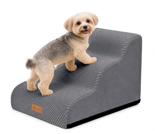 vounot® Escalier pour Chien et Chat à 3 Marches en Mousse Haute Densité Antidérapante Déhoussable Lavable Rampe pour Chien Accès Canapé Lit pour Animaux Âgés ou Blessés avec Poignée Gris