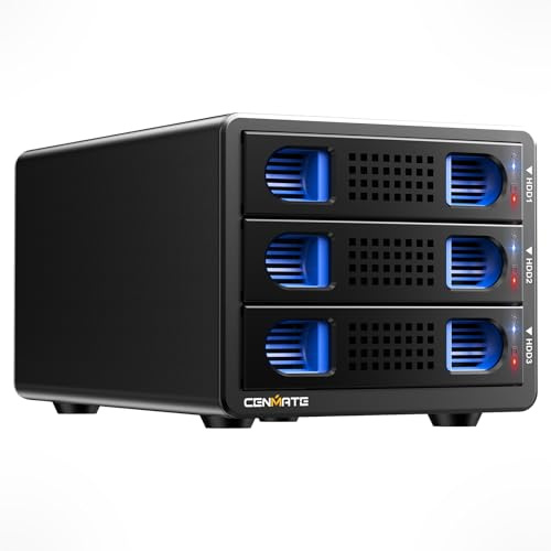Alloggiamento Dischi Rigidi, Case 3 Bay Alluminio 10Gbps con Ventola per HDD/SSD SATA 2,5/3,5, Cavo USB A/C 3.2 con Sostituzione a Caldo, Alloggiamento HDD Senza Attrezzi, DAS (senza RAID/NAS)