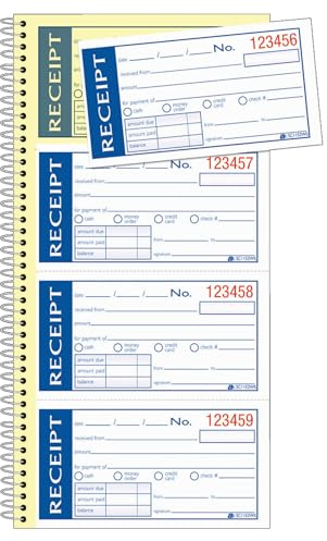 Adams Write n' Stick Receipt Book, 2-Part, Carbonless, White/Canary, 5-1/4 x 11, Spiral Bound, 200 Sets per Book, 4 Receipts per Page (SC1152WS)