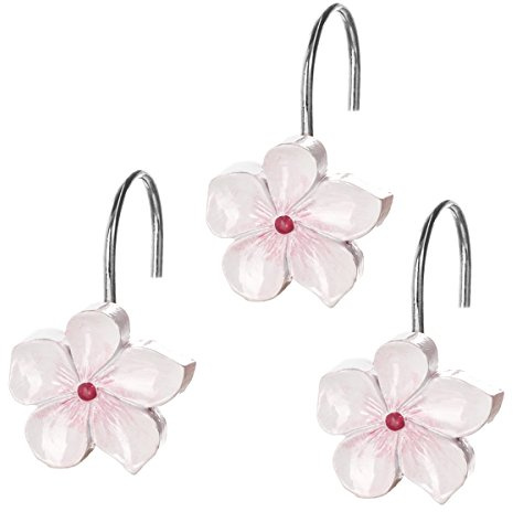 Creative Scents Vanda Cherry Blossom Shower Curtain Hooks Decorative Set of 12 Flower Shower Curtain Rings for Curtain - White and Pink Shower Hooks Bathroom Accessories Decor