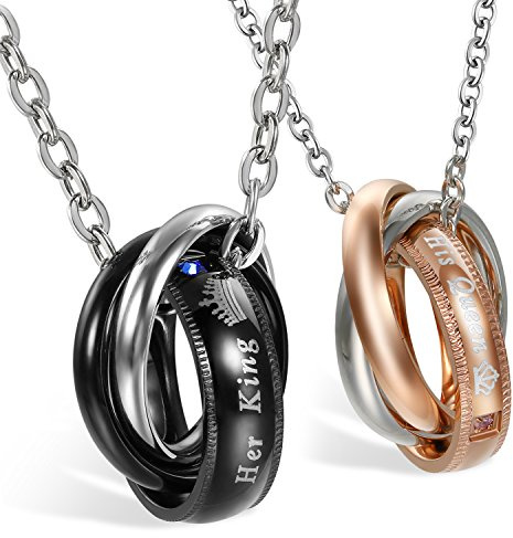 JewelryWe Smycken, vänskapskedjor med gratis gravering, rostfritt stål, partner-hänge, halsband med His Queen Her King Crown, par, hänge, kedja för kvinnor och män, svart roséguld silver, Kubisk