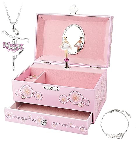 RR ROUND RICH DESIGN Kids Musical Jewelry Box for Girls with Drawer and Jewelry Set with Ballerina Theme - Swan Lake Tune Pink