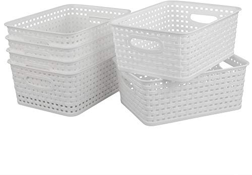 Bblina 6-Pack Small White Plastic Weave Rattan Storage Basket Box