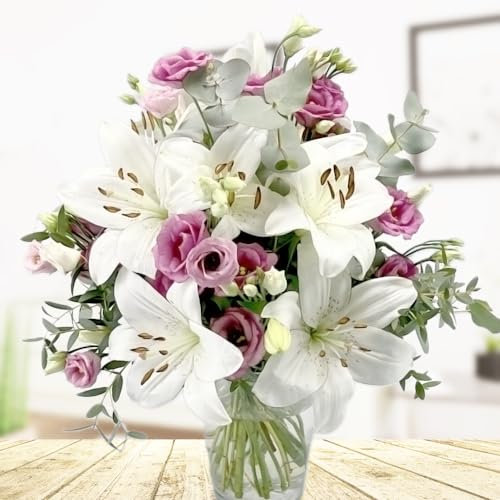 Die besten Wünsche - Blumenstrauß mit weißen Lilien, rosa Lisianthus und Eukalyptuszweigen