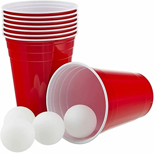 HOT BARGAINS 50 X Red Party Cups Size 16oz / 500ml + 12 FREE Ping Pong Balls - Sealed Boxed Packaging Reusable Plastic