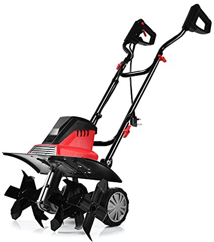 TANGZON Electric Tiller, 1200W/1500W Lawn Scarifier with 4/6 Tiller Blades, Adjustable Wheels and Foldable Handle, Mini Cultivator for Soil Loosening (43cm, Red)