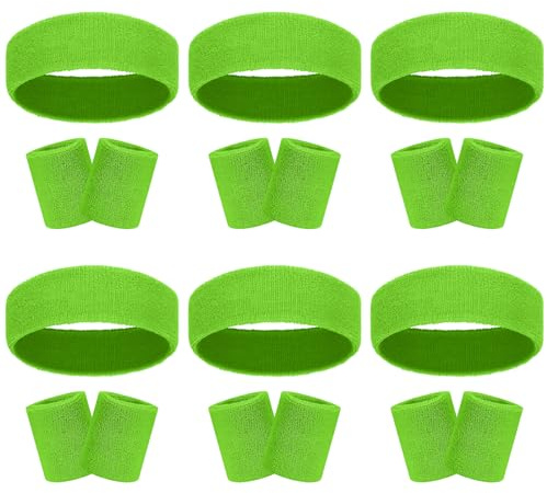 18 Pcs Sweatbands Headband Wristband Set Colorful Striped Terry Cloth Sports Athletic Gym 80s Sweat Headbands Wrist Bands (Green) One Size