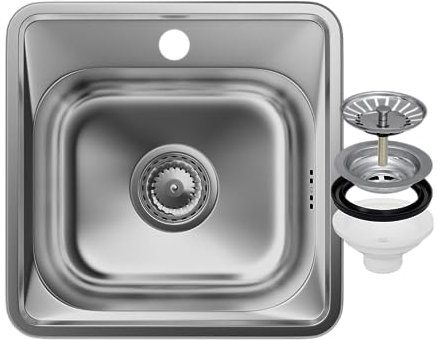 GRANITAN Spülbecken mit Siphon 38 x 38 cm - Einbauspüle aus Stahl - Edelstahlspüle mit Hahnloch für Spülbecken Durchmesser 92mm - Waschbecken für Küche - Satin