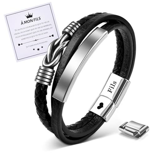 VU100 Bracelet en Cuir et Acier Inoxydable pour Fils - Cadeau d'Anniversaire de Maman et Papa pour Garçons (22cm)