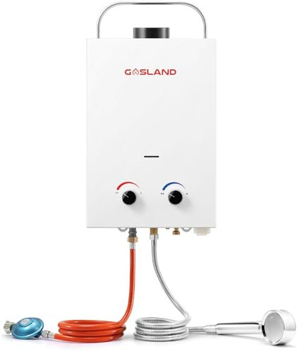 GASLAND BS158 6L 50mbar Tankless Gasdurchlauferhitzer, Gas Wasser Heizung Tragbarer mit Griff Falten, LPG Durchlauferhitzer für Campingdusche/Wohnmobilausflug/Waschpferd