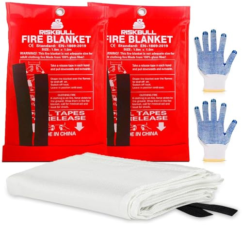 Riskbull nödfilt för hemmet – 2-pack med handskar – brandsläckningsfilt för kök och hemsäkerhet, 102 x 102 cm glasfiber