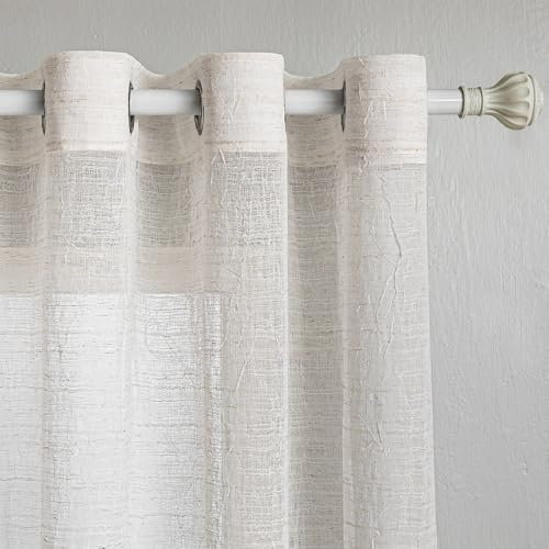 MYSKY HOME Gardinen mit Ösen Vorhang Boho Vorhänge Kurz Halbtransparent Gardine Leinenoptik Falte Voile Ösenschal Dekoschal für Wohnzimmer Schlafzimmer, 2 Stücke H 160 x B 140 cm, Beige.