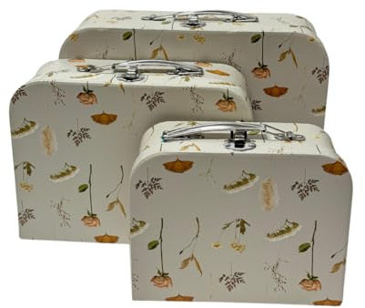 Trendi Set of 3 Decorative Storage Boxes with Lids Paperboard Suitcases, Cardboard Gift Box Memento Case Box Photo Storage Box Hat Boxes Home Decoration, Vintage Suitcases (Light Grey Feather)