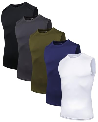 AMZSPORT Confezione da 5 Canotte da Uomo Traspiranti Maglia a Compressione, Maglia Funzionale, Maglia da Corsa, Canotta Senza Maniche per Sport, Palestra, Fitness e Running Tutti i Colori XL