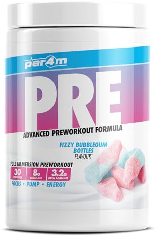 Per4m Pre Workout Powder | Intense Pump, Sustained Energy & Mental Focus | L-Citrulline, Beta Alanine & Caffeine & Added Hydration (570g, Fizzy Bubblegum Bottle)