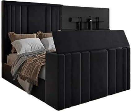 Harlem TV Bed with Built-In Storage and Hidden TV Lift – Stylish Upholstered Bed Frame with Integrated Entertainment System (Black, Super King)