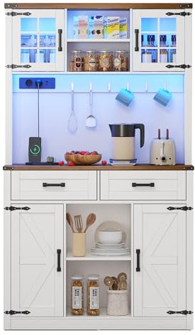 KecDuey Armadio alto, mobile bar con illuminazione LED e prese elettriche, grande credenza da cucina con 2 grandi cassetti, design porta del fienile, ripiani regolabili