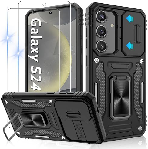 Jshru Handyhülle für Samsung Galaxy S24 Hülle Kameraschutz mit 2 STK Schutzfolie Militärstandard Stoßfest Sturzsichere Schutzhülle 360° Metall Ring Ständer Case für Galaxy S24,Schwarz