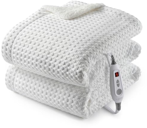 CAROMIO Heated Blanket Throw, Waffle Weave Electric Throw Blanket Fast Heating with LCD Controller, 6 Heat Levels & 4 Hour Auto Shut Off, ETL Certified, Machine Washable, Off White, 50 x 60