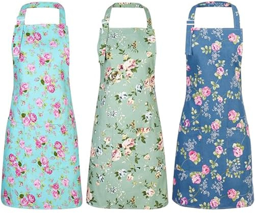 YISIMIN 3 Pack Kitchen Flowers Aprons for Women, Adjustable Floral Aprons Chef Bakers Apron Cooking Apron with Two Pockets for Cooking Baking Gardening
