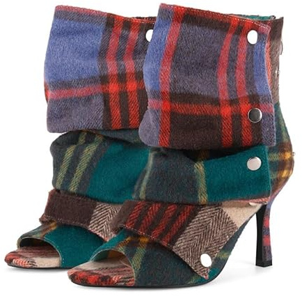 sexytag Women’s Open-Toe Booties – Folded Draped High Heel Ankle Boots with Back Zipper, Slouchy Peep Toe Stiletto Heels Ankle Boots for Fall Outfits & Streetwear Multicolor Plaid Size 7
