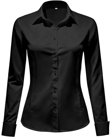 Okdance Womens Long Sleeve Blouse Stretch Fitted Formal Button Down Shirt Wrinkle Business Casual Work Office Ladies Blouses (UK, Alpha, S, Regular, Regular, Black)