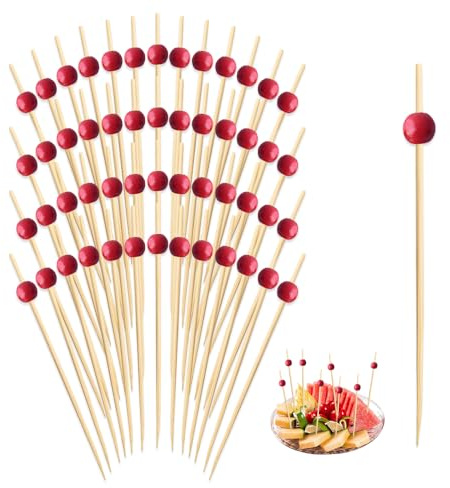 HMCEY 100 Piezas Palillos de Cóctel 12 CM,Brochetas de Bambú con Cuentas de Madera,Palillos Decoracion de Frutas,Palitos para Pinchos Aperitivos para Cumpleaños, Fiesta, Pasteles - Rojo