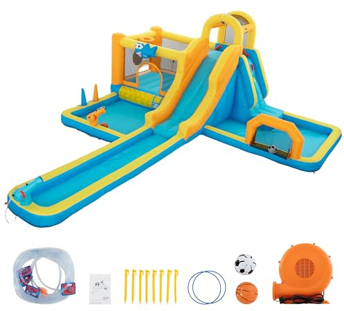 UEV Castello Gonfiabile con Scivolo Gonfiabile Extra Lungo, Parco Divertimento per Bambini di 3-10 Anni, Portata 135KG, Interno ed Esterno, 590x502x220 cm