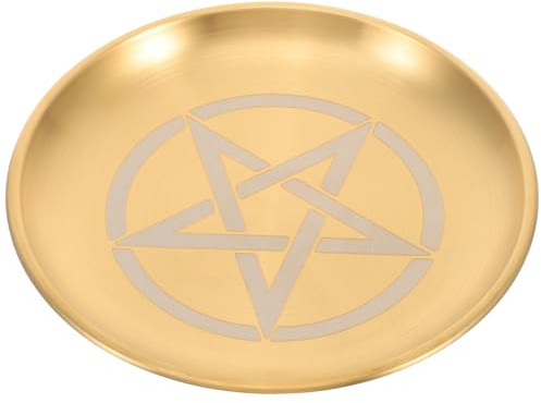EXCEART Assiette D'autel Décorative, Assiette à Bougie D'autel Ronde en Acier Inoxydable, Motif Pentagramme, Or, Plateau de Rangement pour Offrandes Familiales, Ambiance Halloween