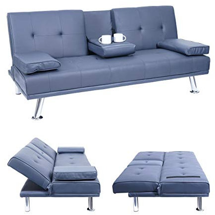 Mendler 3er-Sofa HWC-F60, Couch Schlafsofa Gästebett, Tassenhalter verstellbar 97x166cm - Kunstleder, dunkelblau