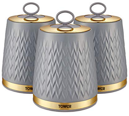 Tower T826091GRY Empire Set of 3 Storage Canisters for Tea Coffee Sugar, Grey and Brass, 1.3L, One Size