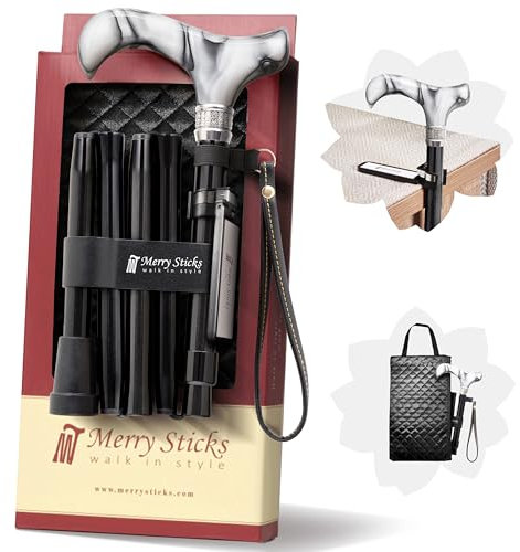 Merry Sticks Faltbarer Verstellbarer Designer Gehstock, Faltstock, Königliches Schwarz mit Europäischen Kristallen, Enthält eine Stocktasche und EIN Intelligenter Reflektierender Stockhalter