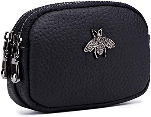 Porte-Monnaie en Cuir véritable pour Femme - Double Zipper Bee Change Pouch Wallet Card Holder Porte-Monnaie Mini Simple Cute Coin Pocket utile pour Les Femmes (Noir)