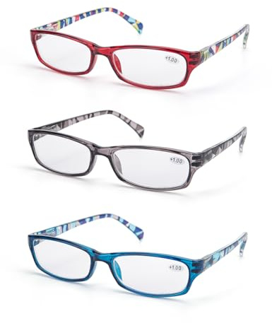 LANLANG Gafas presbicia mujer, Gafas lectura, gafas anti luz azul, filtro azul, gafas de lectura, gafas para leer, Transparente Rojo/Gris/Azul-3pcs, +3.0 dioptrías